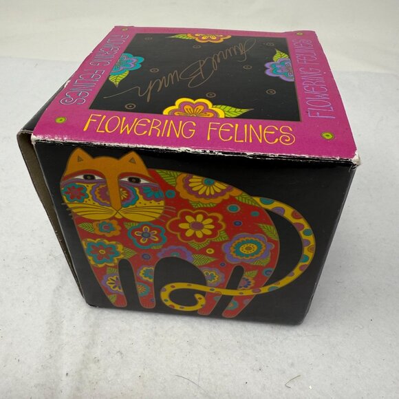 Laurel Burch Flowering Felines Cup 1993 Black Coffee Mug Colorful Cat Design Box - Picture 6 of 12